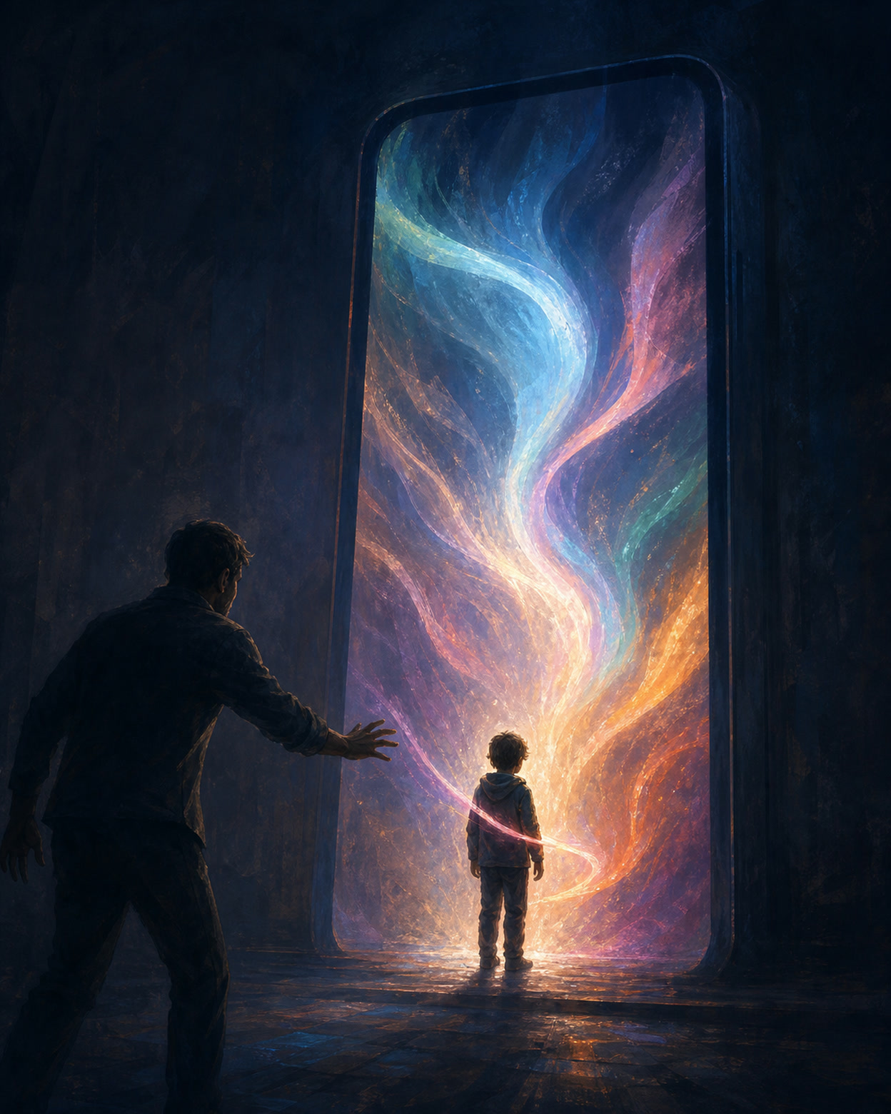 A small child stands before a giant glowing phone with bright ribbons streaming out of the screen, one wrapping around their wrist, while a parent in shadow reaches out