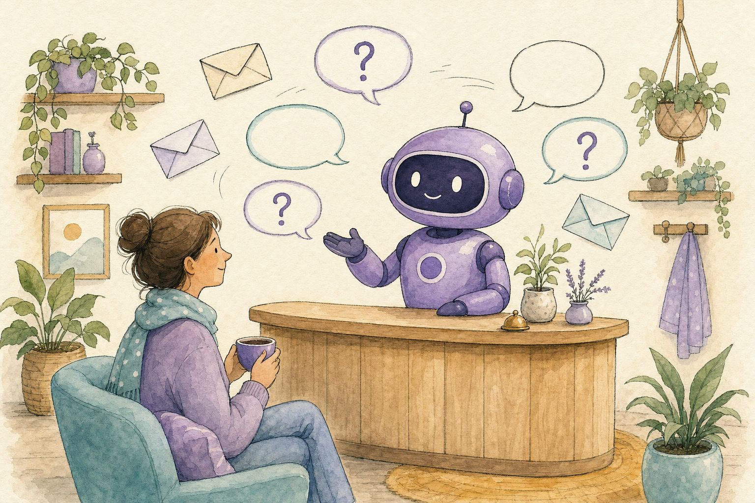 The Gardion mascot at a help desk answering a parent holding a cup of tea, with question envelopes floating around