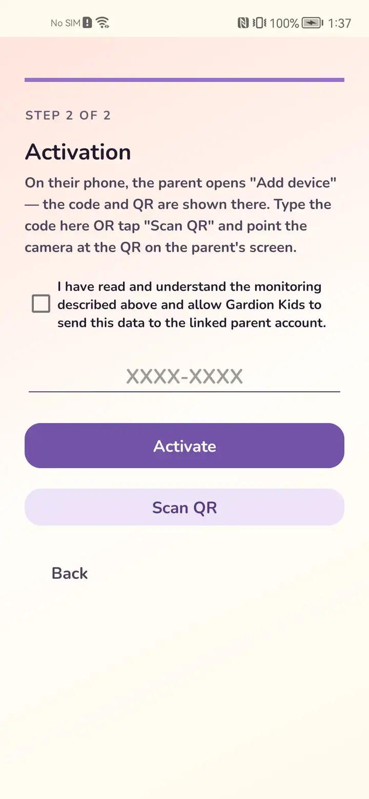 Gardion Kids connection-code field
