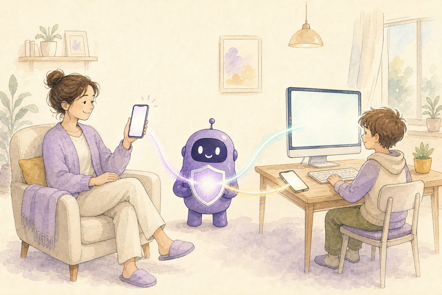 A parent with a phone and a child at a computer, with the Gardion mascot holding a shield between them and soft threads running to each device