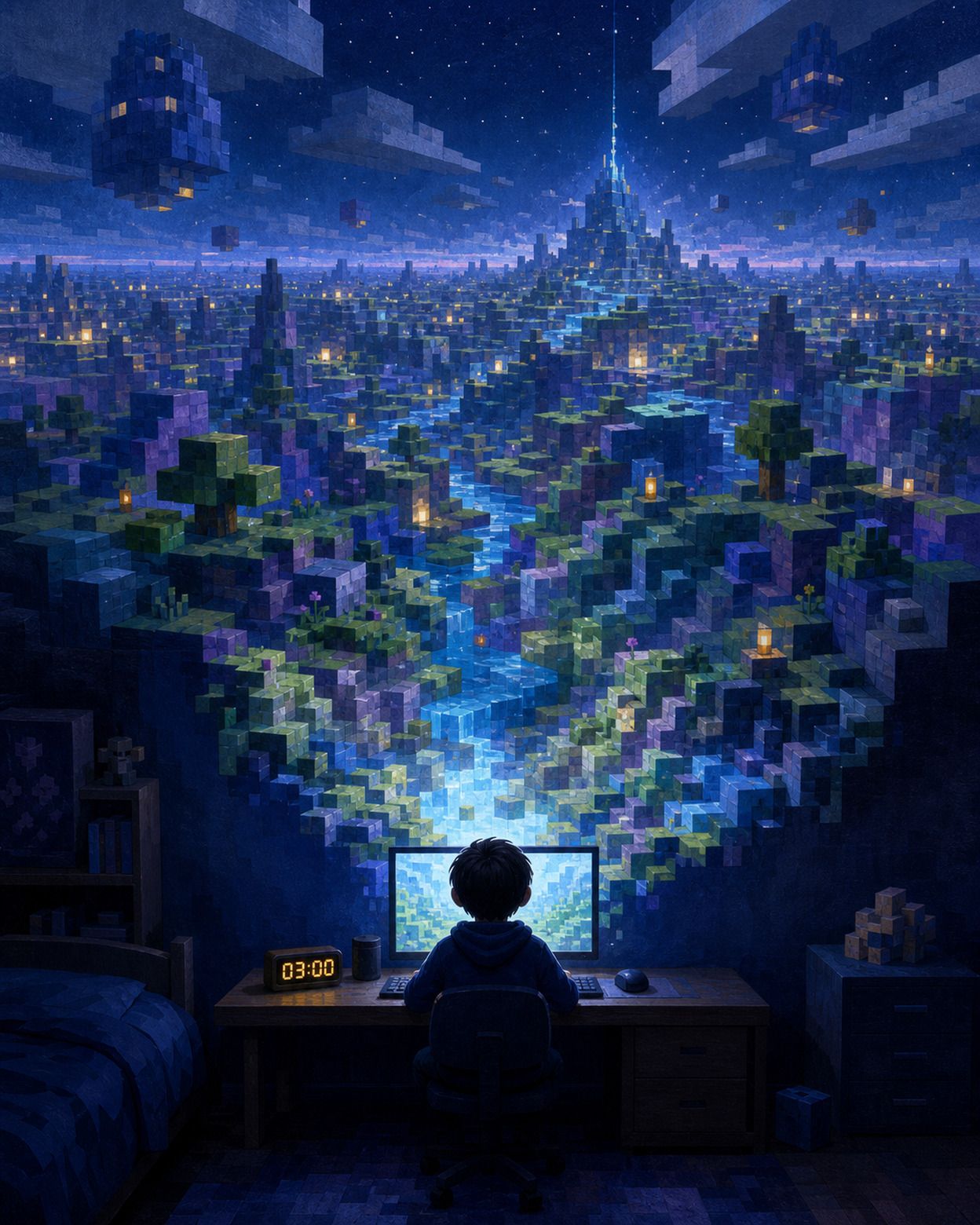 a child sits at a computer at night while an endless block world flows from the monitor into the room; the clock reads 03:00