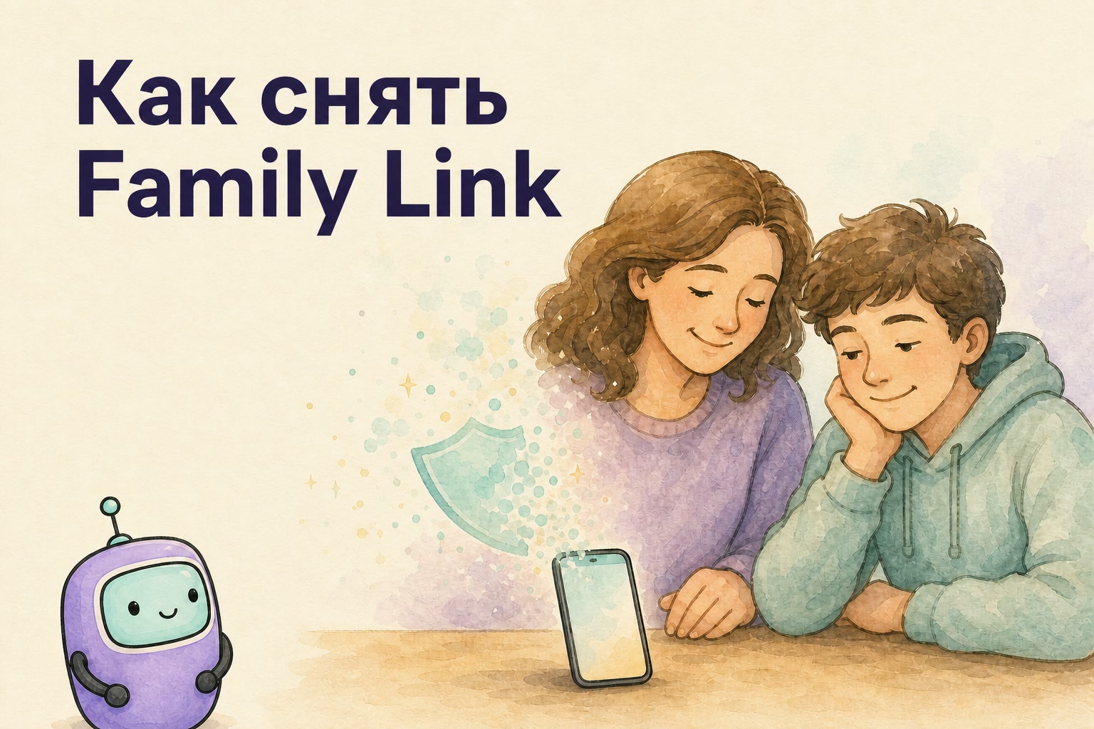 A mother and teenager looking at a phone together, with the Gardion mascot