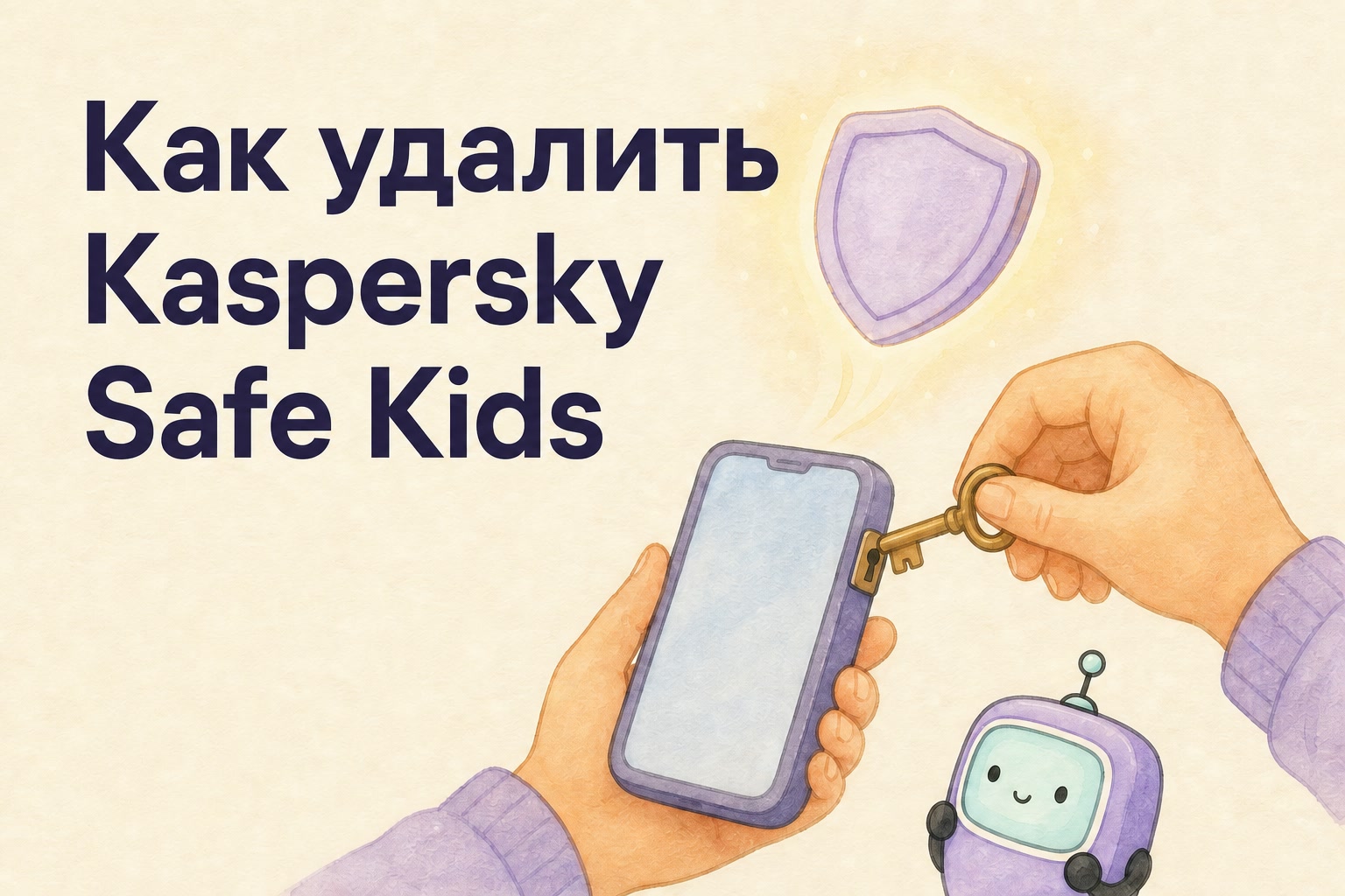 Hands unlocking a phone with a key, a shield above, with the Gardion mascot