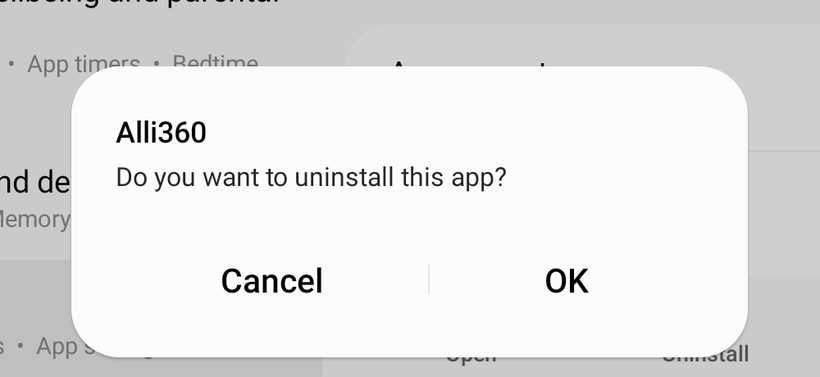 Android “Do you want to uninstall this app?” dialog for Alli360