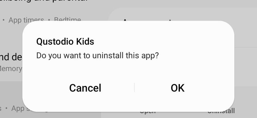 Android “Do you want to uninstall this app?” dialog for Qustodio Kids
