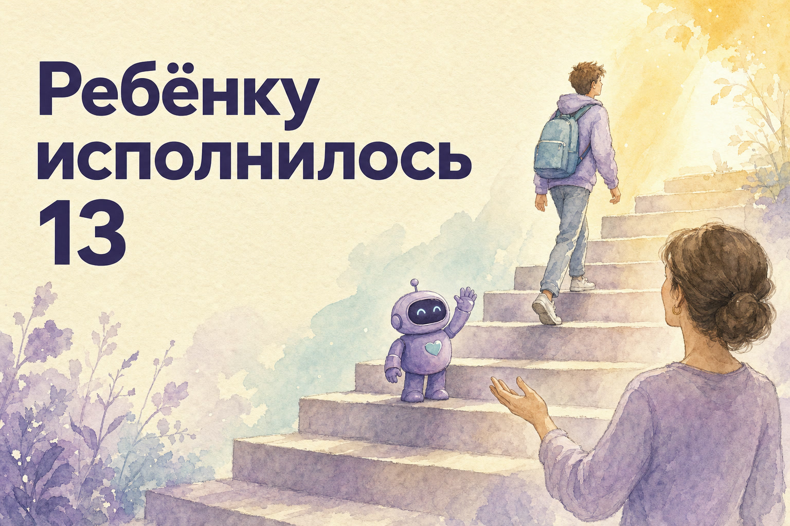 A teen with a backpack climbing stairs toward the light while a parent lets go below; the Gardion mascot waves from a step