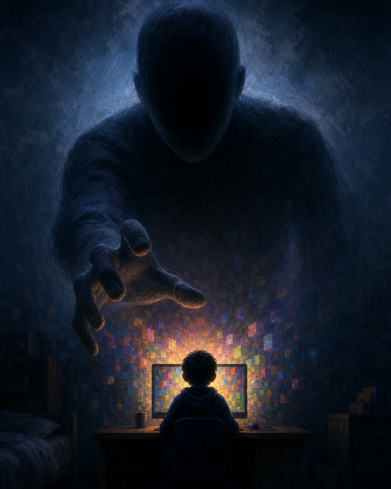 A child sits with their back to us at a glowing screen full of block worlds while a huge dark figure looms above and reaches a hand toward them