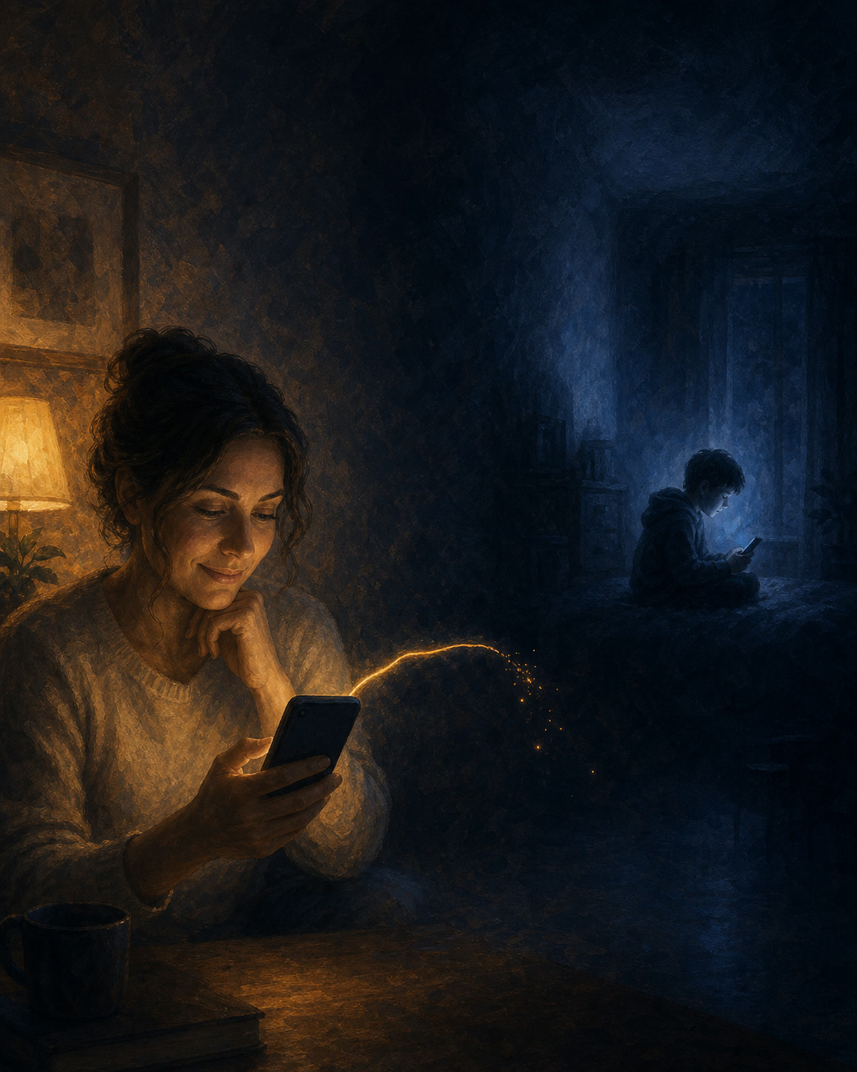 A mother calmly looks at her phone in warm lamplight while the glowing thread from her phone breaks into sparks, and a child sits with a phone in a dark room