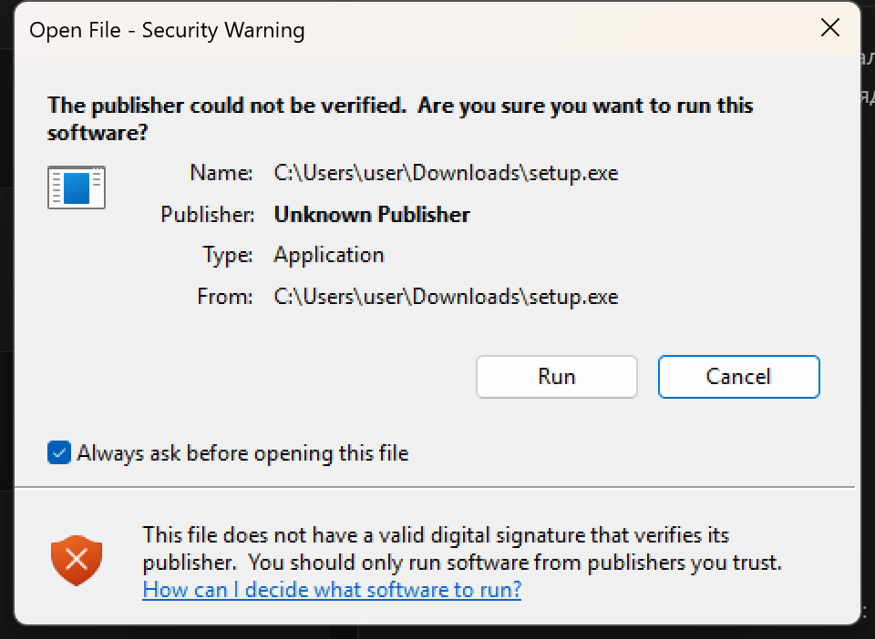 Windows warning about an unverified publisher with Run and Cancel buttons