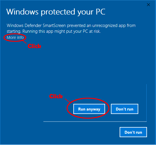 SmartScreen screen with More info and Run anyway